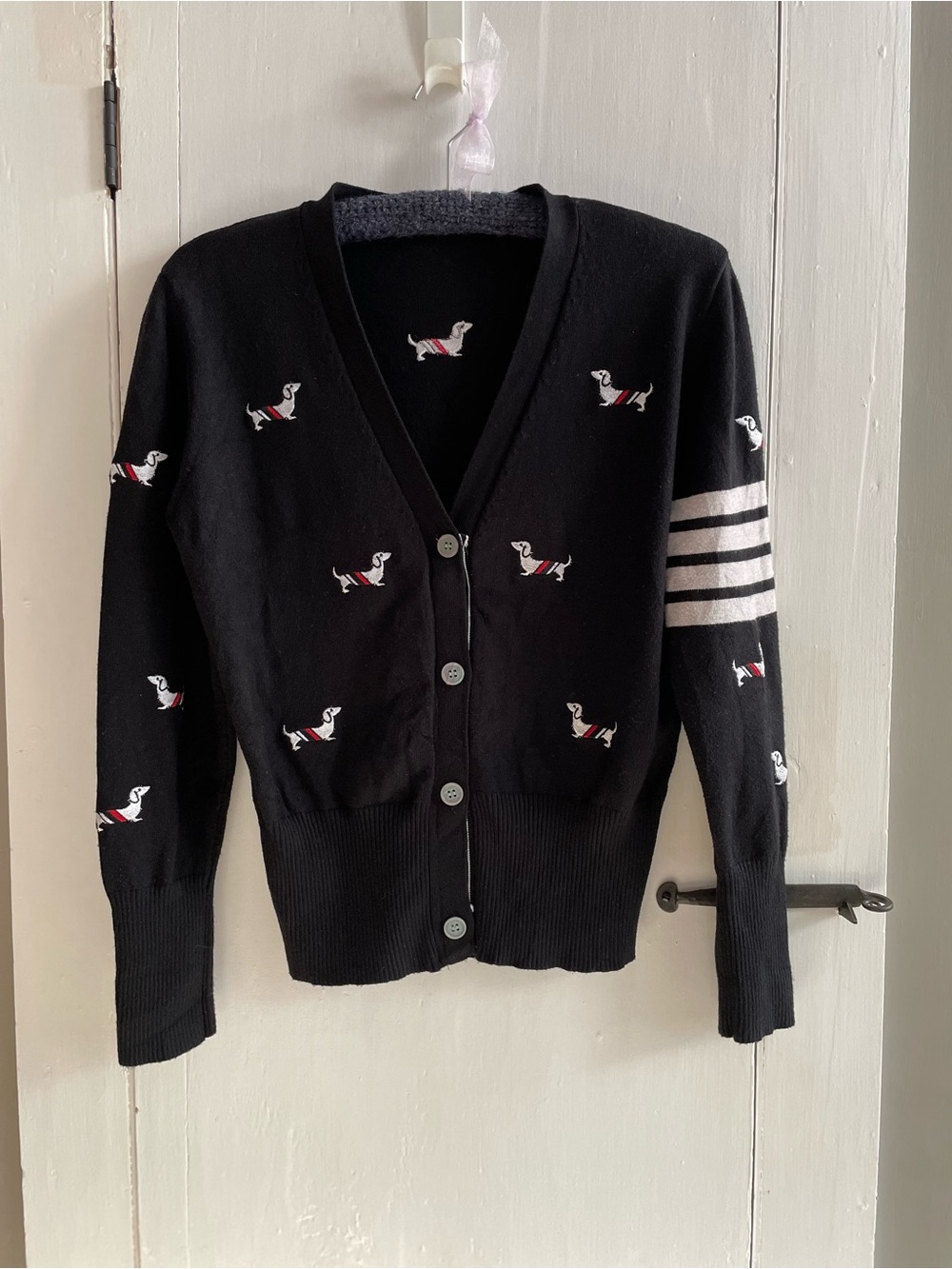 Black V-Neck Cardigan with Embroidered Dachshund Motif & 4-Bar Striped Sleeve